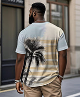 Men's Plus Size Daily Casual Blue Striped Coconut Tree Print Henry Collar Button Short Sleeve T-Shirt
